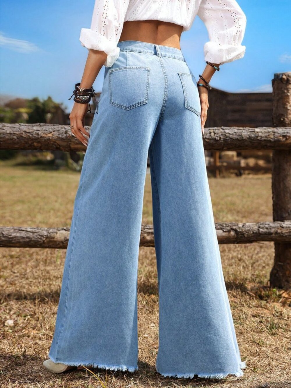 Blue Casual Women's Ditsy Floral Wide Leg Loose Jeans - Picture 2 of 6